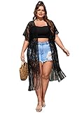SOLY HUX Women's Plus Size Lace Fringe Trim Cover Up Short Sleeve Open Front Cardigans Kimono for swimwear Solid Black 2XL
