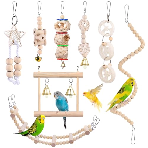 Eulihent 8 Pcs Bird Toys for Caged Birds Budgie Toys Parrot Swing Chew Toy Wooden Swing Hanging Bell Hammock for Budgerigar Parakeet Cockatiels Lovebirds Finches