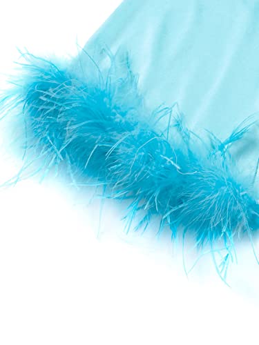 Women 'S 2 Piece Tracksuit Outfits Long Sleeve Feather Cuff Tie Knot Crop Tops+High Waist Pants Set (Blue, Medium) #TOP1