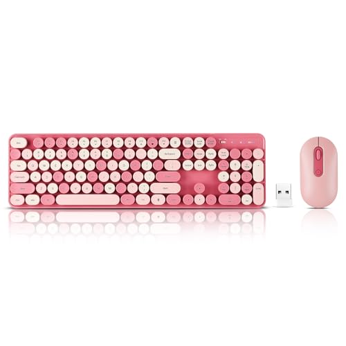 Image of Wireless Keyboard and Mouse Combo, Full Size Compact Quiet Wireless Keyboard and Mouse Set 2.4G Ultra-Thin Sleek Design for Windows, Desktop, PC, Notebook, Laptop,Round Keys Rose Pink Mixed Punk Color