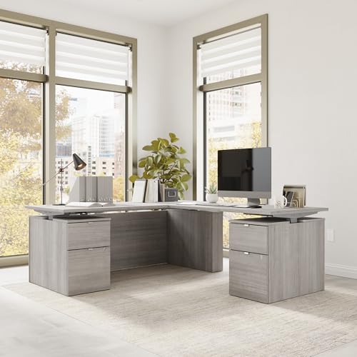 Image of Bush Business Furniture 72-inch Height Adjustable L Shaped Standing Desk with Drawers, Ergonomic Sit-Stand Computer Table for Office, Stratus Collection, Platinum Gray with Metallic Gray Base