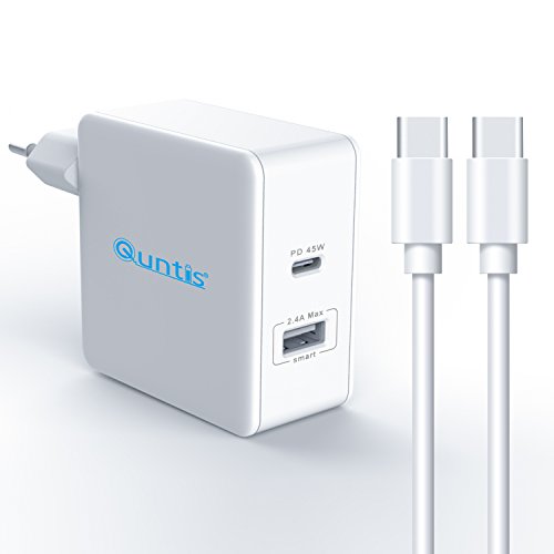 Quntis PD Chargeur Secteur Mural 45W [2 Ports USB/Type C] Quick Charge 3.0 Chargeur Ordinateur Adaptateur Type C Power Delivery pour MacBook Samsung Galaxy Huawei, inclu 2M Câble USB C - C Blanc Cover