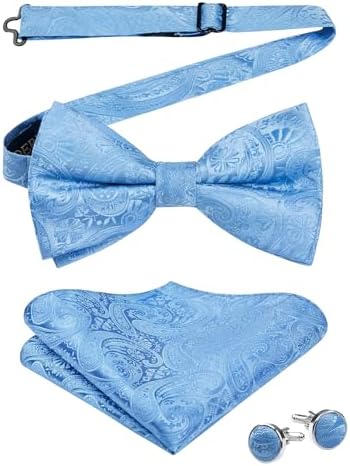 HISDERN Bow Tie Pre-tied Paisley Bow Tie Pocket Square Cufflinks for Dress Shirt and Tuxedo Wedding Formal Bow Tie Handkerchief Set