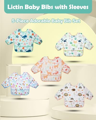 Miniatura 2 de Lictin 5 Pcs Babero Con Mangas Impermeable- Babero De Manga Larga Con Escote Ajustable Para Niños Bebé 6-24 Meses