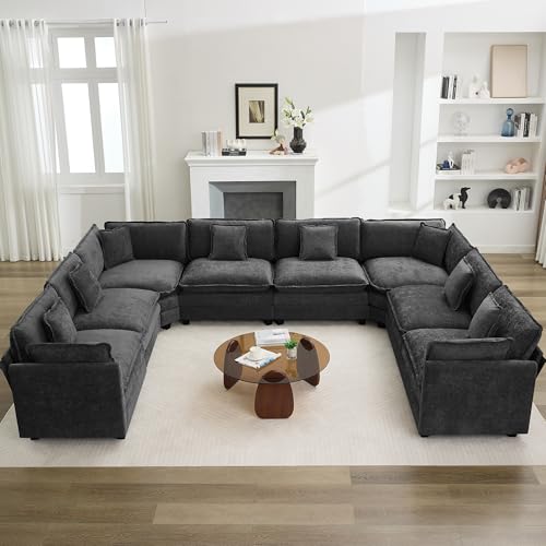 147'' Oversized U Shaped Couch, Modular Sofa for Living Room, Dark Grey | Cloud Deep Seat Oversized U Shaped Sectional, Upholstered Chenille Modular Couches for Living Room, Large 8 Seats Corner Sofa