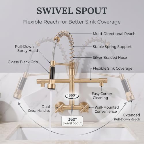 Image of InArt Elite Luxury with Wall-Mounted Kitchen Sink Tap - 360 Pull-Down Sprayer, Multi-Function Spray Head, Single Lever, Gold Finish, and Hot & Cold Functionality Faucet Sink - 5 Year Warranty