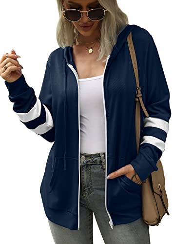 Bofell Zip Hoodies For Women Casual Loose Fit Sweatshirts With Pocket Zip Up Hoodie Navy L #TOP2