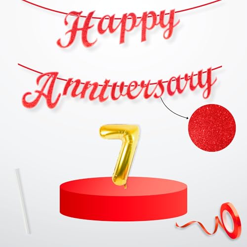 Image of Flyloons 7th Happy Anniversary Banner Red Decorations Kit for Men Women Wedding Anniversary Banner Items without Balloons