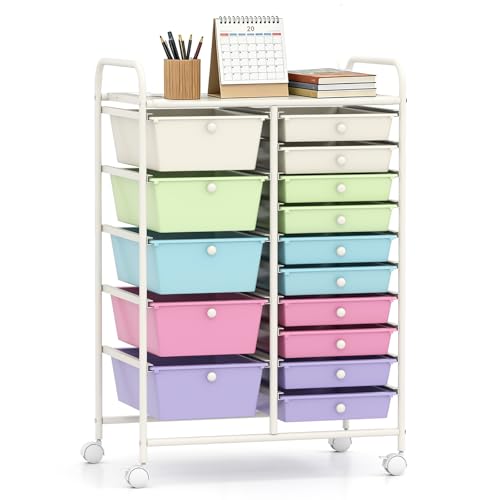 LUARANE Rolling Cart with 15 Drawers, Craft Storage Cart with Portable Handles & Lockable Wheels, Mobile Toys Organizer, Large Capacity Utility Drawer Cart Home Office School Teacher