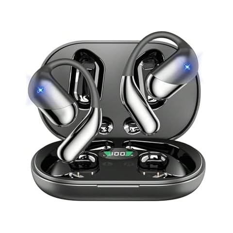 Open Ear Bluetooth 5.4 Headphones, Wireless Earbuds Sport Over Earphones Built-in Mic with Ear Hooks 50H Playtime Ear Buds LED Display Charging Case，Waterproof Design for Running Fitness Walkin Cover