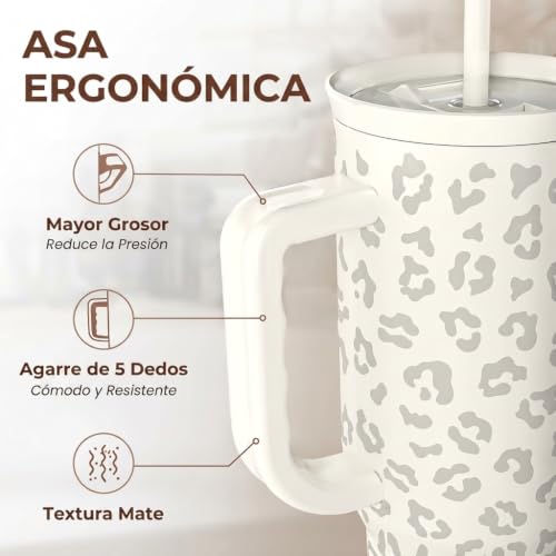 Image of SANDJEST Leopard Tumbler with Handle, Insulated Cup Stainless Steel Travel Mug Cup, Gifts for Women Girl on Birthday Christmas, Cream Leopard, 40oz