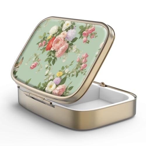 Image of Pill Case Pill Box with Mirror Retro 2 Compartment Small Pill Case for Purse or Pocket Bronze Rectangular Pill Box or Vitamins, Fish Oil, Supplements, Pill Containe Travel Gifts(Retro Green Floral)