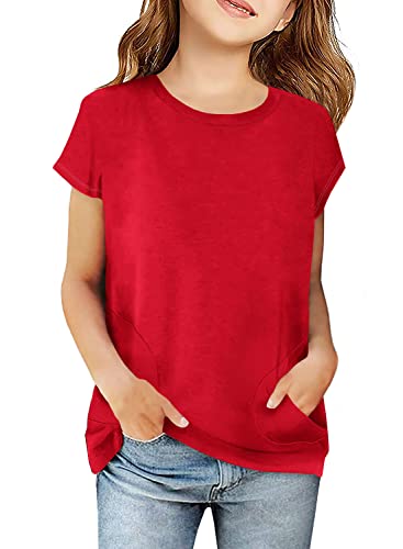 Haloumoning Girls Casual Short Sleeve T Shirts Color Block Tee Blouse Kids Loose Tunic Tops with Pockets Size 4-15