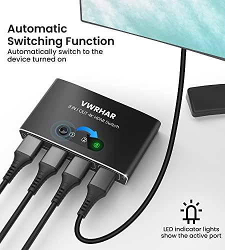 HDMI Switch 3 IN 1 OUT Aluminum HDMI Splitter with Remote HDMI Switcher Supports 4K 3D HD Monitor Wireless Remoter Control Compatible with PS5/PS4/PS3, Laptop/PC DVD Blu-Ray Xbox Roku TV/HDTV