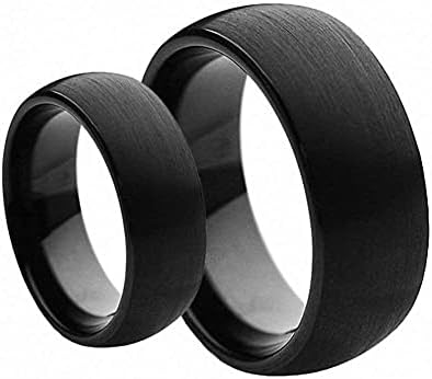His & Her's Matching Set 6mm / 8mm Black Brushed Dome Tungsten Carbide Wedding Band Set, Ladies Size 6.5 - Mens Size 10