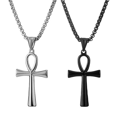 JKJF 2 Stück Ägyptische Ankh Kreuz Anhänger Halskette Edelstahl Ankh Anhänger Kette Vintage Koptisch Ankh Kreuz Religiöse Halskette Gotik Hip Hop Punk Halskette...