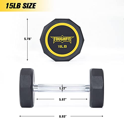 Toughfit Decagon Dumbbell Set - Pev Encased Coated Black Dumbbells - Free Weights With Non-Slip Knurl Iron Handle In Pairs Or Single For Strength Training, Home Gym, Workouts(15 Pounds, Pair) #TOP2