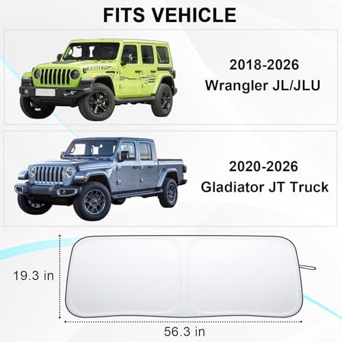 Premium Windshield Sun Shade for 2018-2026 Jeep Wrangler JL JLU & 2020-2026 Jeep Gladiator, Reflective 310T Material Front Window Sun Visor Blocks UV Rays Foldable Sunshade with Storage Pouch by PIMCAR - Image 9