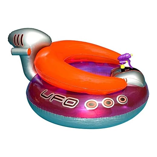 SWIMLINE ORIGINAL Inflatable UFO Spaceship Pool Float Ride On With Fun Constant Flow Laser Ray Gun Water Squirter For Kids , Cool Retro Style, For Beach Ocean Pool Lake , Extra Thick Large Floatie