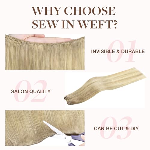 Image of GOO GOO Sew in Hair Extensions Real Human Hair, Weft Hair Extensions Human Hair, 18ET90A Natural Blonde Balayage 14Inch 80g, Weft Bundles Straight Silky Remy Hair