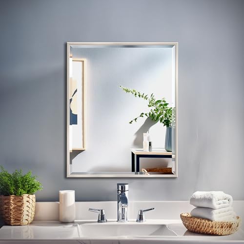 Gatco 1833 Bathroom Wall Mirror, 25" H x 21" W Modern Mirror for Living Room, Vanity, Slim Design Beveled Framed Rectangle Satin Nickel Mirror - Hangs Horizontal or Vertical, Easy Mount Bracket