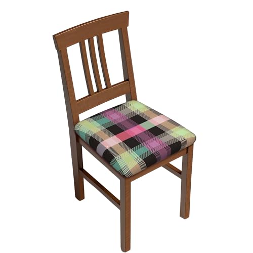 Dining Chair Seat Covers Set of 4, Vibrant Plaid Print Chair Seat Covers Washable Seat Covers for Dining Room Chairs Chair Cover