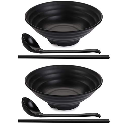 Bekith 2 Sets 6 Piece Melamine Ramen Bowl Set 37oz Japanese Style Noodle Soup Bowls with Chopsticks and Spoons Set Large Ramen Bowl for Noodles Pho Udon Thai Black