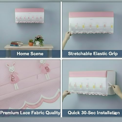 Image of Premium Cotton Net AC Cover for 1.5-2 Ton Split Air Conditioner | Dust Protection AC Indoor Unit Cover for Summer | Embroidered & Printed | Pack of 1 (Pink Bunny)
