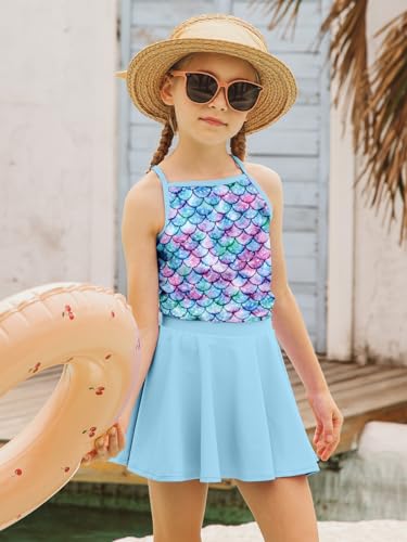 Image of Girls Tankini Swimsuit Mermaid Bathing Suits Criss-Cross Strap Adjustable Summer Beach Two Piece Swimwear Size 4-12