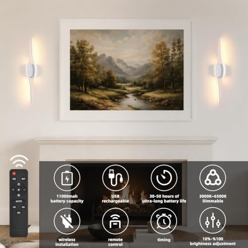 Image of Battery Operated Wall Sconces Set of Two, White 23.6 inch 3 Color LED dimmable Wireless Wall Sconce with Remote Control, USB Rechargeable Wall Lights for Living Room Bedroom Hallway Background