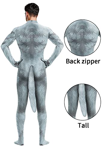 Image of Animal Full Bodysuit for Men Muscle Spandex Jumpsuit Furry Costume with Big Tail for Adult Cosplay Halloween Party