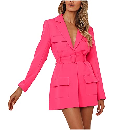 DOYIMBO Formal Blazer Jackets for Women Fashion Business Casual Set Suit Bodycon Blazer Dress Long Sleeve Tops with Belt Hot Pink