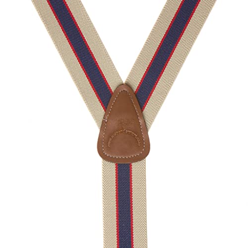 Suspender Store Khaki/Navy Striped Button Suspenders - 1.5 Inch Wide 42" For 5'0" To 5'9" Tall #TOP2