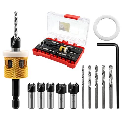 Countersink Drill Bit Set - HSS M2 Counter Sink Drill Bit for US Wood Screw, 1/8" 9/64" 5/32" 11/64" 3/16" 82° Counter-Bore,Adjustable Depth Countersink Drill Bit (2 of Pack)
