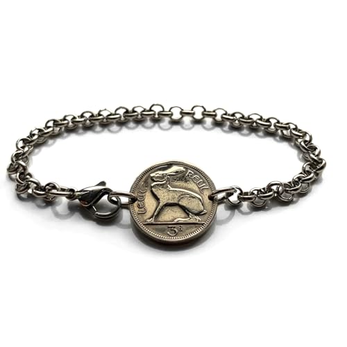1942 Ireland Éire 3 Pence coin bracelet Irish rabbit hare bunny Celtic harp Cláirseach Gaelic Dublin Cork Limerick Galway Waterford Moher Connacht Leinster Munster Carlow Guinness Swords b000048