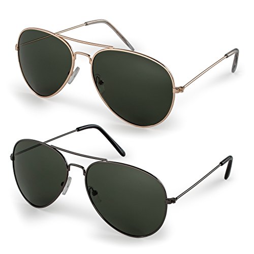 Stylle Classic Aviator Sunglasses with Protective Bag, 100% UV Protection, (2 Pairs) Gold