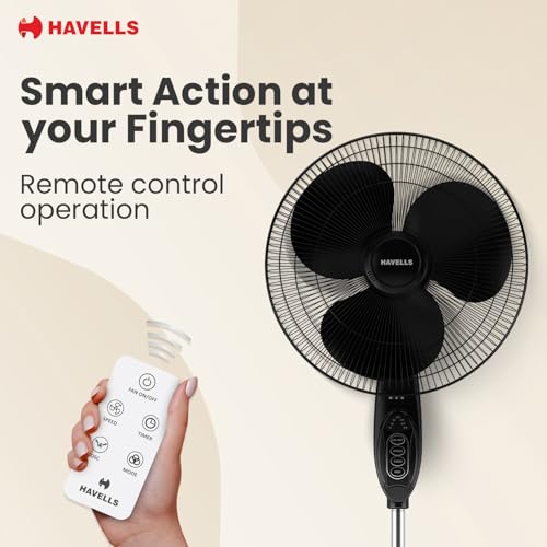 Image of Havells Gatik Pro 400mm BLDC Pedestal Fan| 120 Ribs Guard for Safety| Smooth Oscillation| Heavy Base| ISI Marked | 2 Year Warranty | Black