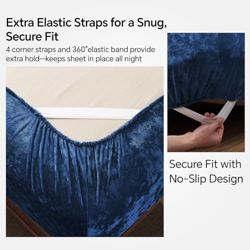 BEDELITE Velvet Fitted Sheet and Pillowcases Set, Luxury Soft Fuzzy Bottom Sheet with Reinforced Elastic Corner Straps, Deep Pocket up to 15 Inch, 1 Fitted Sheet and 2 Pillowcases (Queen, Navy Blue)