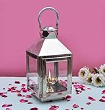 Decorative Glass Lantern with Metal Frame, Silver Finish, Hanging Handle, Indoor/Outdoor Candle Holder