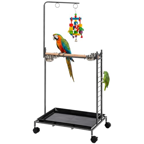 PawHut Bird Stand Parrot Stand with Wheels Wooden Perch Stainless Steel Bowls Ladder and Slide-out Tray for Indoor Outdoor Use for Budgies Parakeets Dark Gray