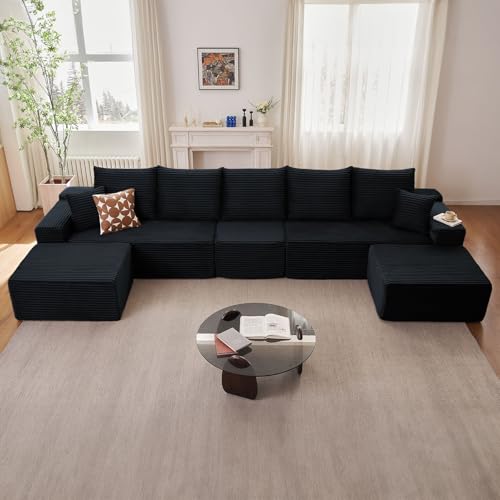Image of 167.7 inch Sectional Cloud Couch for Living Room, Stupendous U Shaped Sofas, Modular Floor Deep-Seat Sofa, Big Comfy Corduroy Couches Set with Fluffy Memory Foam, No Assembly Required, Black