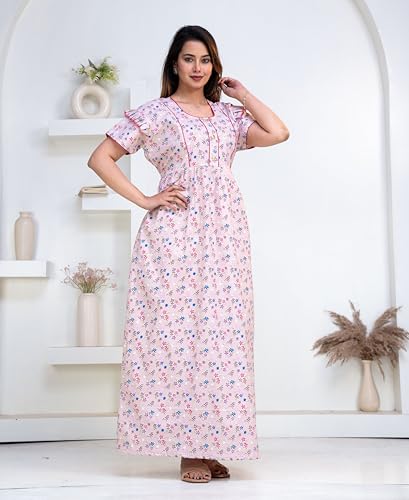 Image of Pure Cotton Designer Nighty for Women | Night Gown | Nightdress | Maxi Nighty | Sleepwear | Jaipuri Nighty | Nighties | Cotton Night Gown for Women /Girls with Belt Pink