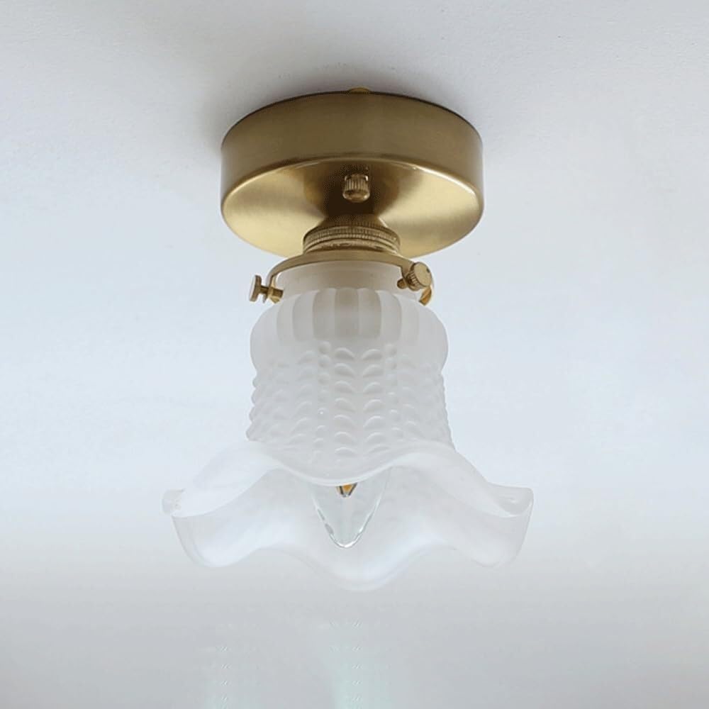 Handmade Glass Shade Hanging Light Fixture Brass Pendant Fitting Height Adjustable Suspension Lights Flower Shape Small Chandelier for Living Room, Bedroom, Study, Corridor