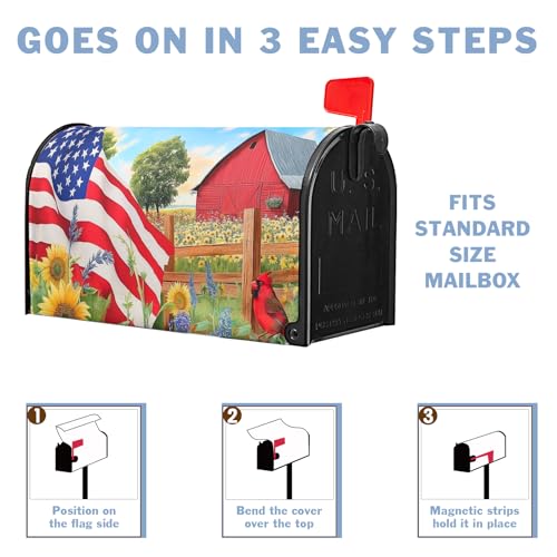 Image of Beautiful Summer Sunflower Floral Mailbox Covers Magnetic 4th of July American Flags Mailbox Cover Standard Size 21 x 18 Inch Patriotic Mail Box Wraps for Farmhouse Garden Yard Decor