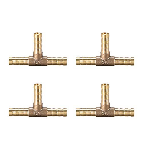 sourcing map 6mm or 1/4 Brass Barb Splicer Fitting,T-Shaped 3 Ways,Barb Hose Fitting Air Gas Water Fuel,Barbed Tee Connector,2pcs