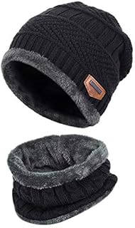 Malaxlx Kids Winter Beanie Hat Circle Scarf Set Thick Warm Knitted Hat Fleece Lined Slouchy Ski Skull Cap Neck Warmer for 5-14 Years Boys Girls