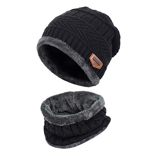 Kids Winter Black Beanie Hat Circle Scarf Set Thick Warm Knitted Hat Fleece Lined Slouchy Ski Skull Cap Neck Warmer For 5-14 Years Boys Girls #TOP21