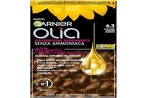 Garnier Olia - Tinte permanente sin amoniaco, cubre 100% cabello blanco con aceites florales naturales de origen natural, fórmula vegana, color marrón claro dorado