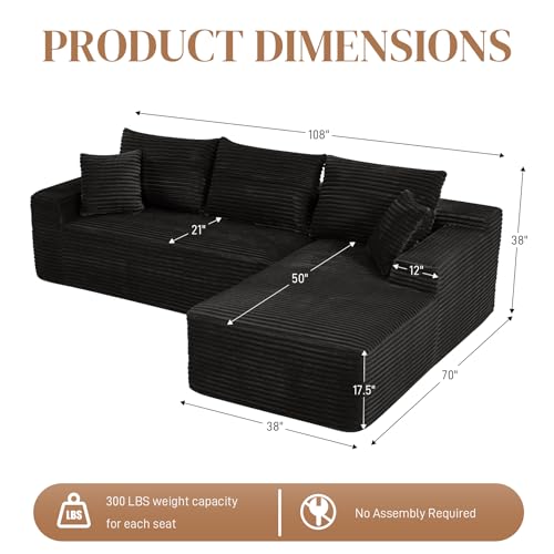 Image of 108 inch L Shaped Cloud Boneless Sectional Couches for Living Room, Modern Comfy Modular Deep Seat Memory Foam Compressed Corduroy Sofa Oversized Right Facing Chaise, No Assembly Required, Balck