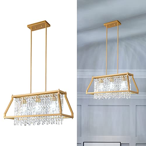 Image of LMQNINE Chandeliers for Dining Room, 3-Light Trapezoidal Industrial Dining Room Light Fixture Farmhouse Chandelier Crystal Pendant Lights Kitchen Island Living Room (Gold 25.98 inch)